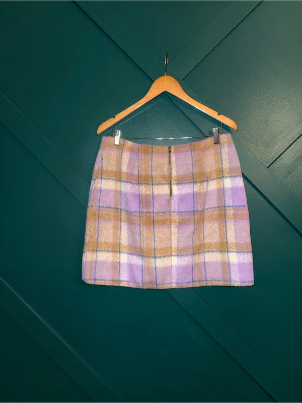 Skies Are Blue Lavender Plaid Mini Skirt with Tan and Cream Accents - Image 2