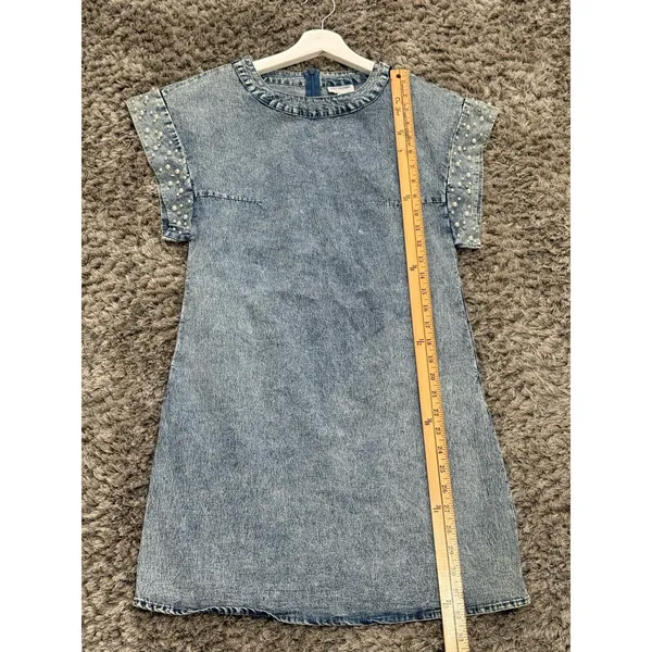 Vintage LALA FACTORY Acid Wash Pearl Beaded Sleeve Denim Mini Shift Dress Size S - Image 10