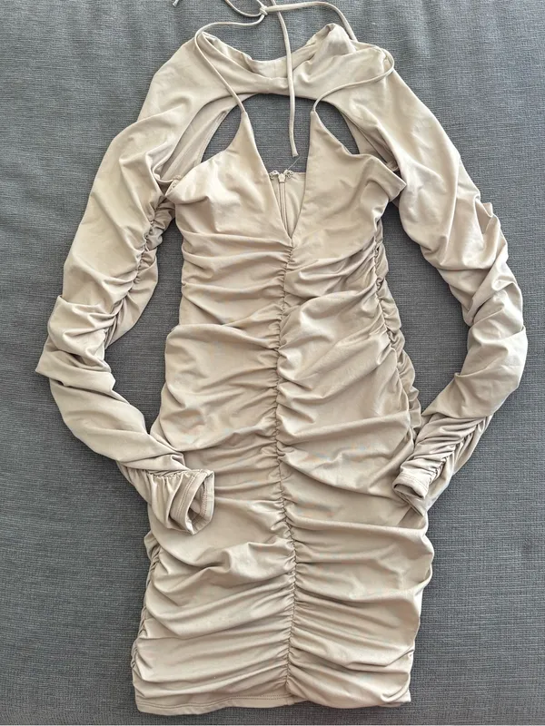 Oh Polly Beige Ruched Cutout Long Sleeve Mini Dress - Image 2