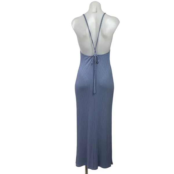 Reformation Brant Ribbed Knit Sleeveless V Neck Cross Back Bodycon Midi Dress M - Image 3