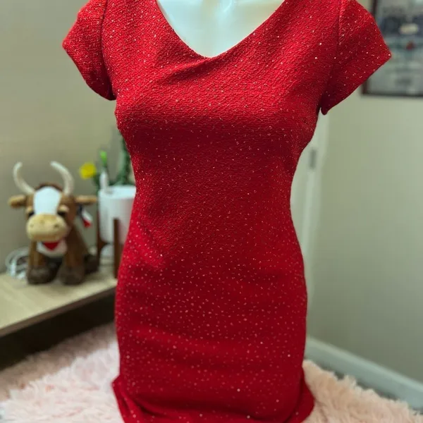 David Warren Petites Vintage Red Sequin V-Neck Cap Sleeve Sheath Dress Size 4P - Image 4