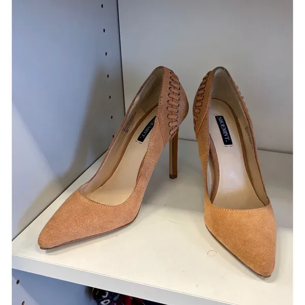 ShoeMint Tan Suede Pointed Toe Pumps Whipstitch Heel Detail Camel Stiletto‎ 9.5 - Image 4