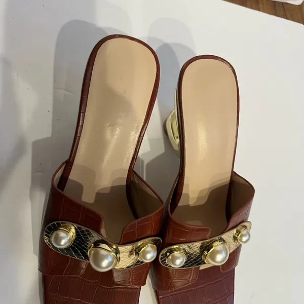 Chic Brown Mules with Pearl Detailing - Image 2