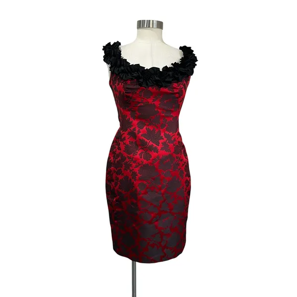 Maggy London Red Black‎ Brocade Ruffle Neck Cocktail Party Dress Size 8 - Image 2
