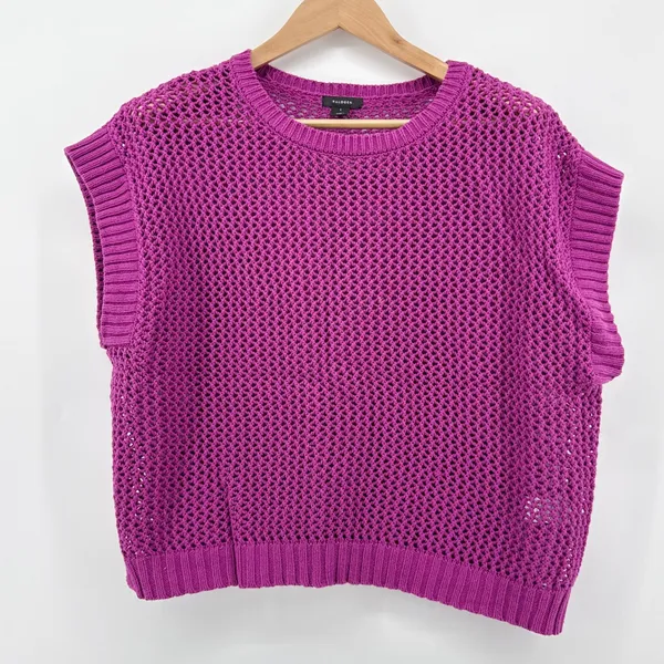 Halogen Open Stitch Cotton Crop Sweater Vest Size Large Magenta Crew Neck‎ - Image 2