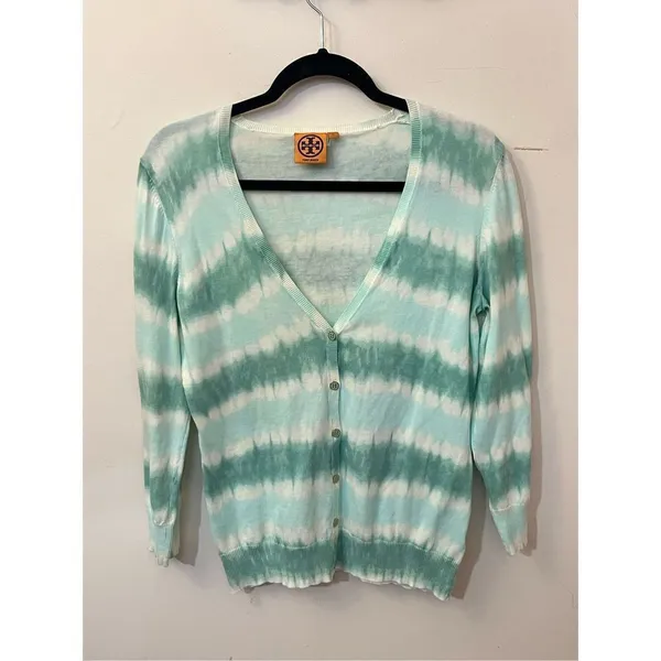 Tory Burch Theo Cardigan Mint White Shibori Tie Dye Striped L - Image 2
