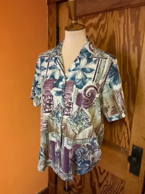 Vintage 80s Season Ticket Blouse Medium Boho Abstract Print Pocket Top - Image 4