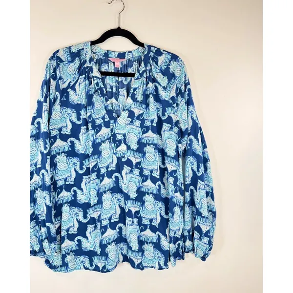 Lilly Pulitzer Womens Top Blue Martinique Elephant V Neck Blouse Casual Medium - Image 6