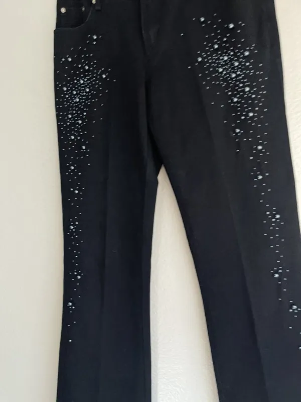 Cache Embellished Flare Jeans Size 4 Y2K Faux Pearl Beaded Black Denim Pants - Image 13