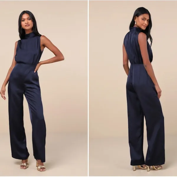 LULU's Sexy Elegant Chic Minimalistic Wedding Navy Satin Wide Leg Jumpsuit - Image 5
