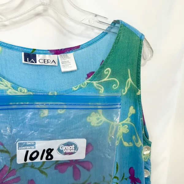 VTG La Cera Medium Midi Dress Blue Green Floral Sleeveless Beach Vacation 1018‎ - Image 10