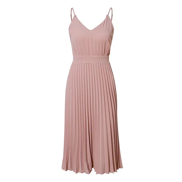 Boutique Solid Pink V-neck Pleated Spaghetti Strap Fit and Flare Knee Length Dress - Image 5