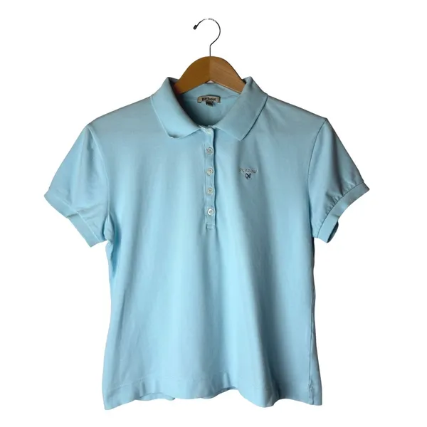 Barbour Polo Shirt Women 12 Blue Short Sleeve Pique Cotton Stretch Logo Preppy - Image 2