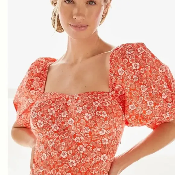 ANTHROPOLOGIE FOREVER THAT GIRL Puff Sleeve Floral Mini Dress Orange‎ - Image 7