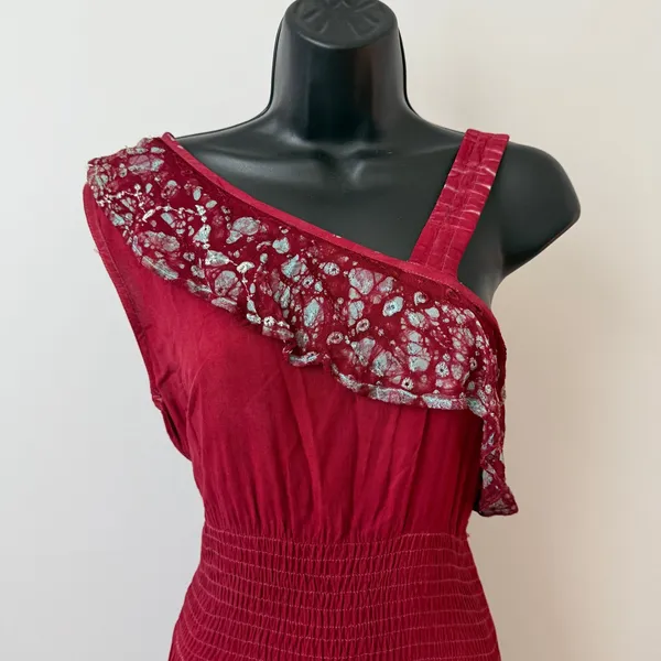 Fashion Terminal Cotton Boho Lagenlook Peasant Smocked Midi Dress OS Red - Image 2