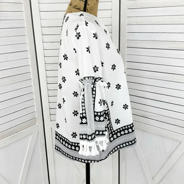 Soho New York & Comp Boho Fringe‎ Hem Floral Popover Shirt White Black Large - Image 3