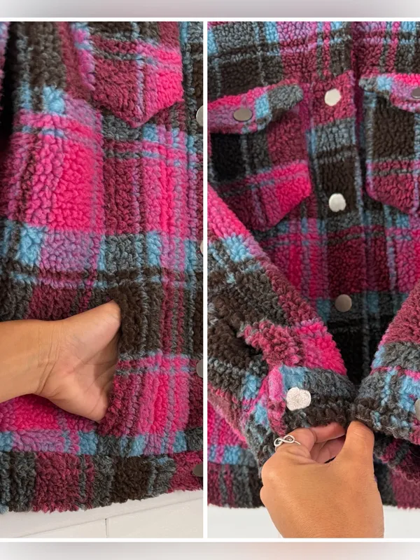 APPARIS Women XS Plaid Sherpa Teddy Trucker Jacket Pink Blue Faux Shearling - Image 7