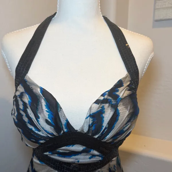 Bebe‎ 100% Silk Halter Mini Dress XS Turquoise Spotlight Y2K - Image 3