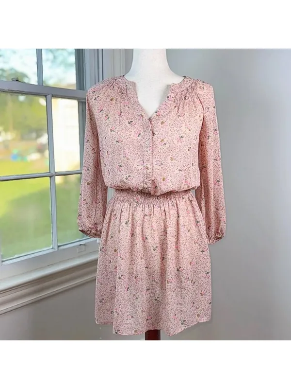 Pink Ditsy Floral Sheer Chiffon Smocked Dress XS Cottagecore Peasant Milkmaid - Image 3