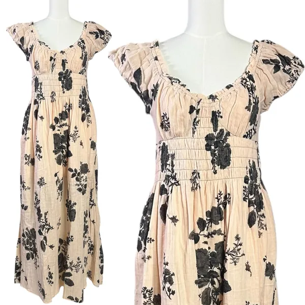 Free People Dainty Bohemian Gauze Forget Me Not Floral Midi Dress Blush Large - Image 10