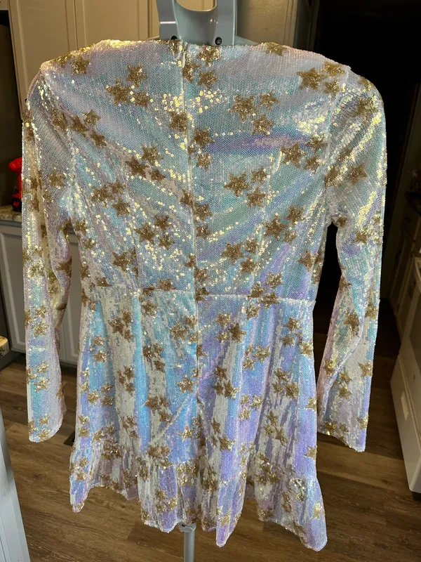 Iridescent white and gold Sequin Mini Dress with Gold Stars - Image 3