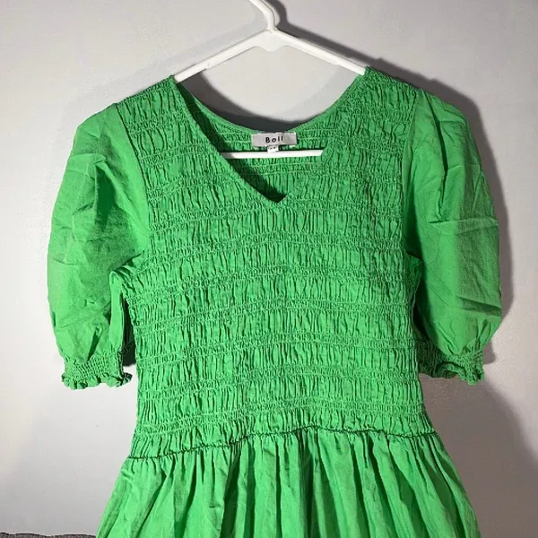 BOII Green Smocked Puff Sleeve Maxi Dress XS Cotton Tiered Ruffle Cottagecore - Image 7