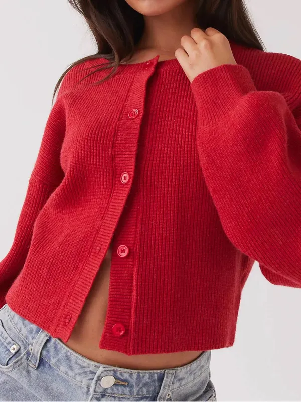 Peppermayo Red Ribbed Button-Up Cropped Cardigan - Image 2