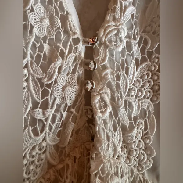 Vintage Felix Arbeo White Chiffon Lace Dress Romantic Long Sleeve 70s Small - Image 4