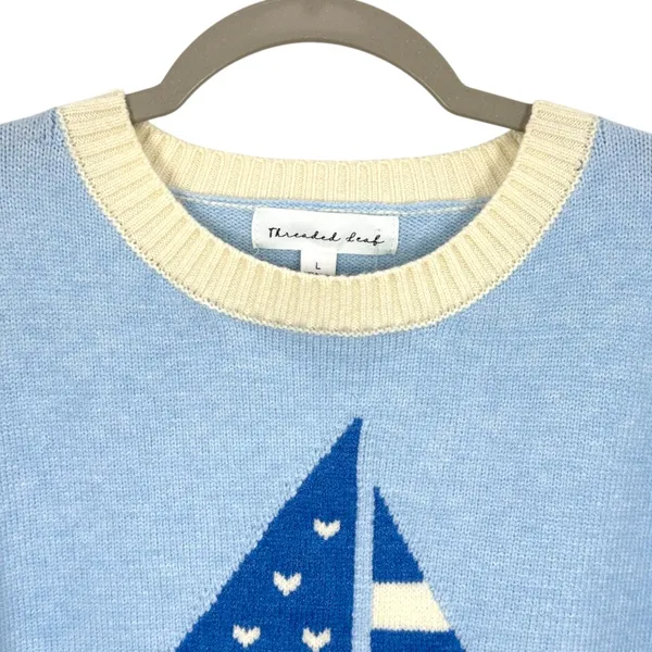 Threaded Leaf Women's Cropped Knit Sweater Blue Sailboat Puff Sleeve Sweater NWT - Image 4