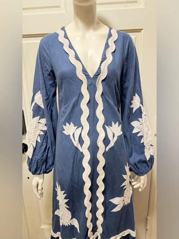 Farm Rio Navy Blue White Floral Embroidery long sleeves Maxi Dress S XS - Image 6