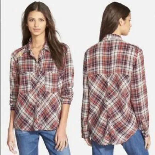 Free People Plaid Lace Gauzy Flannel Snap Button S‎ - Image 2