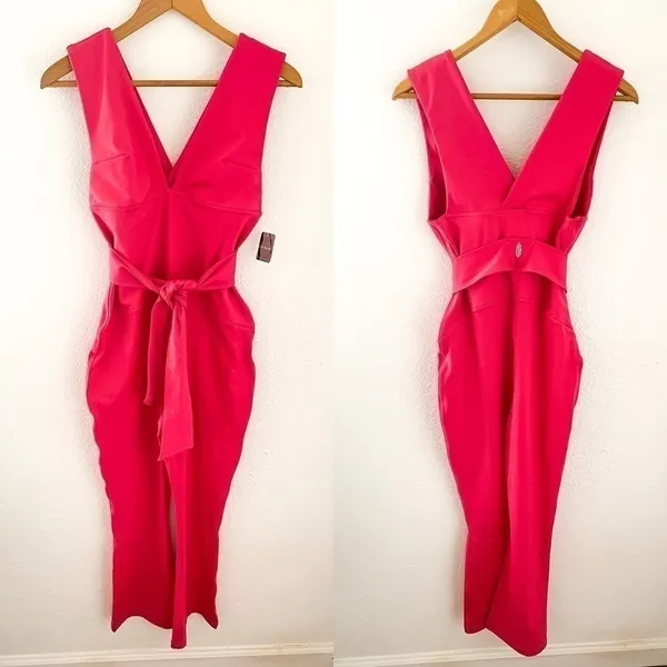 Free People Jumpsuit After Hours Flared‎ Workout Athletic Belted Pink XS NWT - Image 3