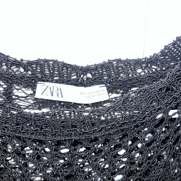 ZARA Black Crocheted Open Knit Scalloped Crewneck Sweat Small - Image 2