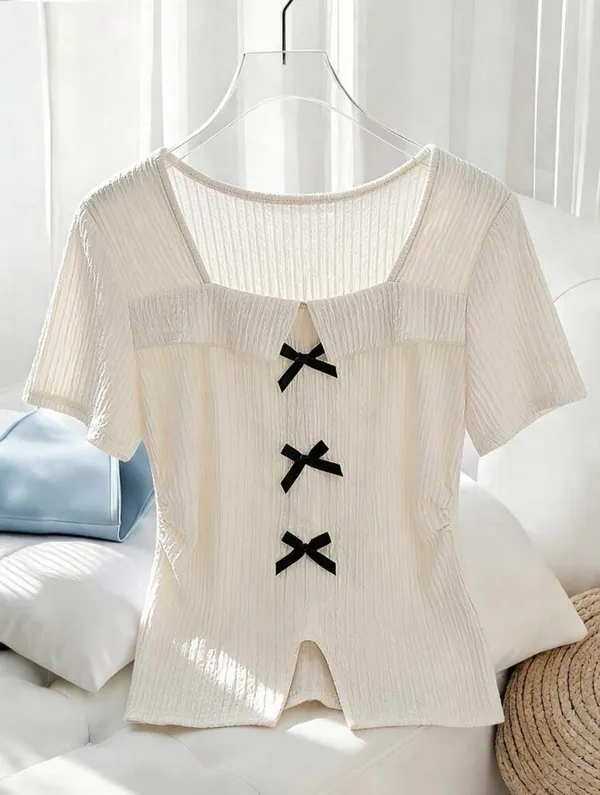 Women Tshirt soft cream square neckline with three black bow - Image 5