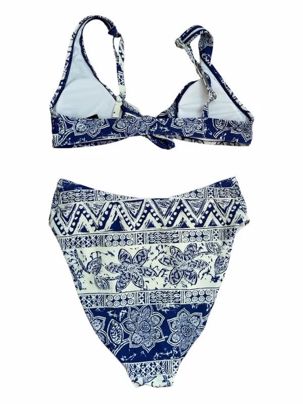 Urban Outfitters Navy and Cream High Waisted Bikini Set - Image 2