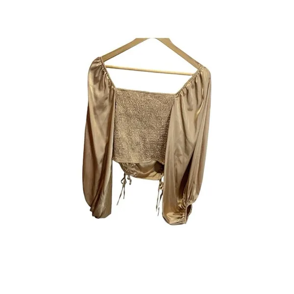 Idem Ditto Boutique Gold Smocked Ruffle‎ Blouse size M Bell Sleeve Retro Cropped - Image 2