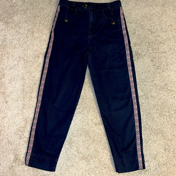 Anthropologie Embroidered Side Stripe‎ Black ankle pants Size 0 boho high rise - Image 4