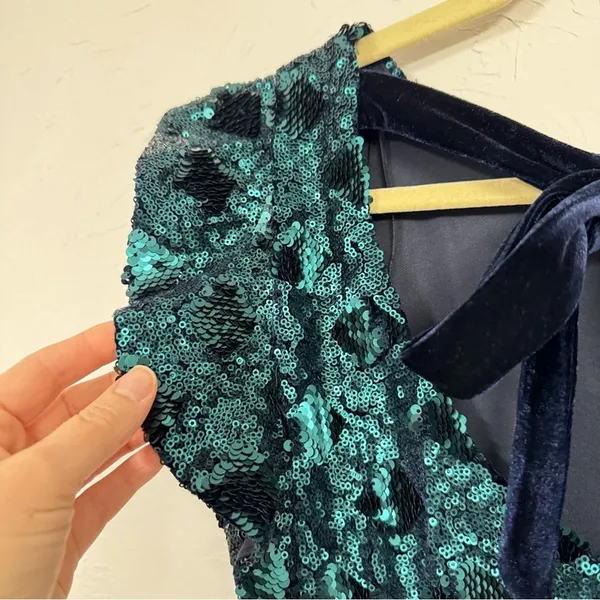 Zara Green Sequined Ruffled Sleeve Mini Dress Blogger Favorite XS Glam Party - Image 8