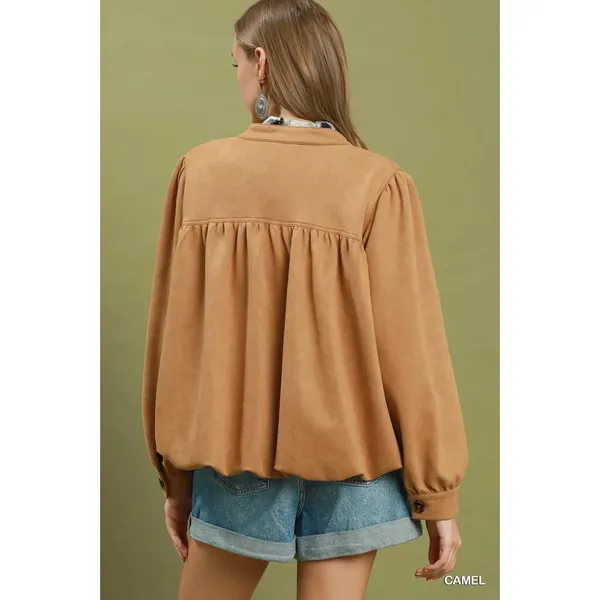 Umgee Suede Button Front Balloon Sleeve Jacket - Camel - Small - Image 3