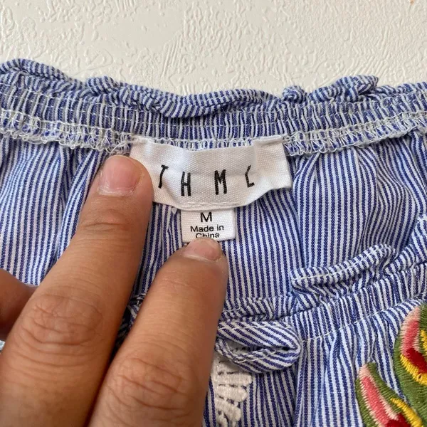 THML Medium Blue Stripe Floral Embroidered Boho Peasant Blouse - Image 4