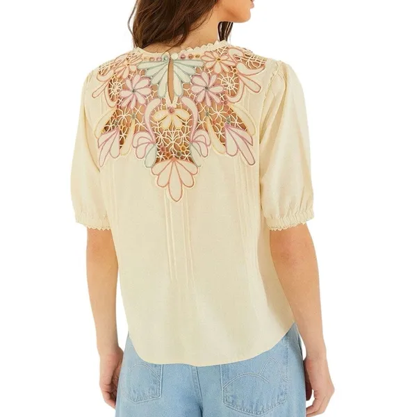 FARM RIO Beige Flower Embroidery Short Sleeve Blouse Size Large MSRP $248 SOO - Image 2