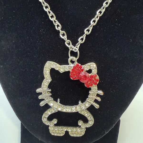 Rhinestone Hello Kitty Pendant Necklace with Red Bow and Silver Chain - Image 4