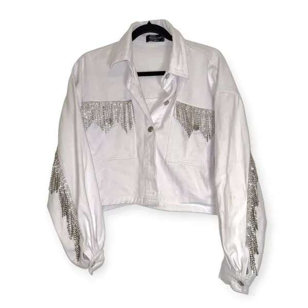 White Fox Women's M/L White Denim Rhinestone Fringe Cropped Western Jacket - Image 2