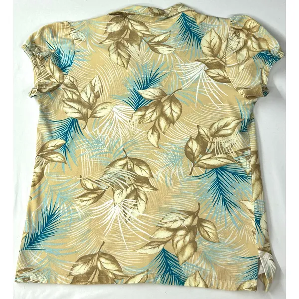 Caribbean Joe Petite Medium Tropical Palm Print Blouse V-Neck Cap Sleeve Tan - Image 9