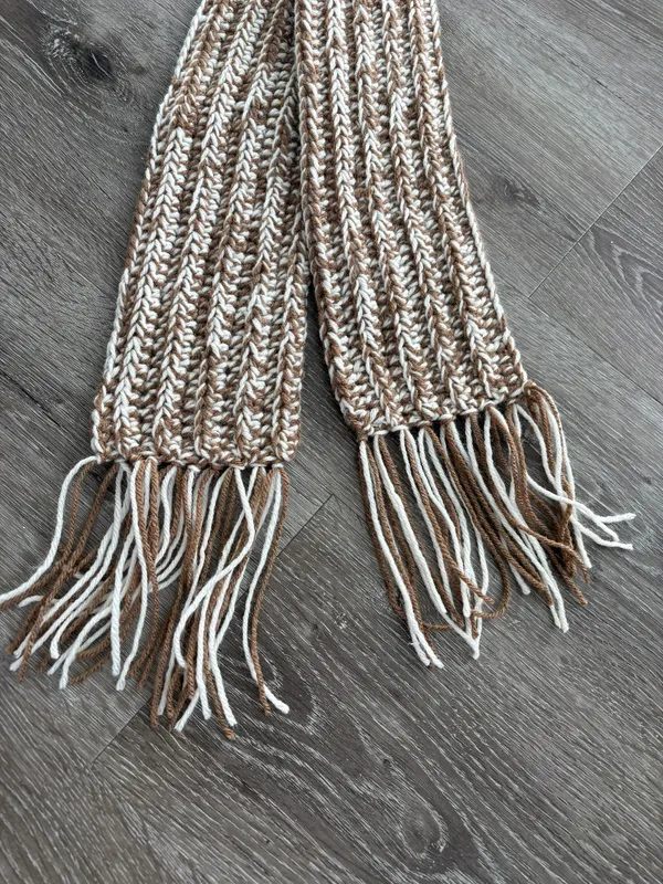 Handmade Brown & Cream Crochet Scarf - Image 3