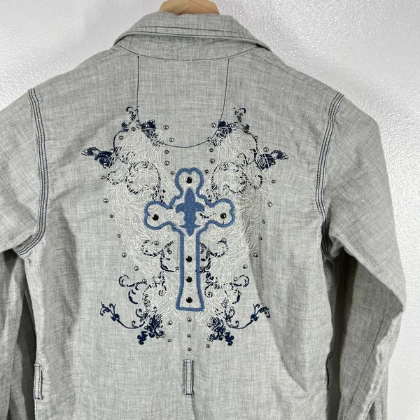 Rock 47 by Wrangler Shirt Dress‎ Western Cross Embroidered Long Sleeve Gray S - Image 5