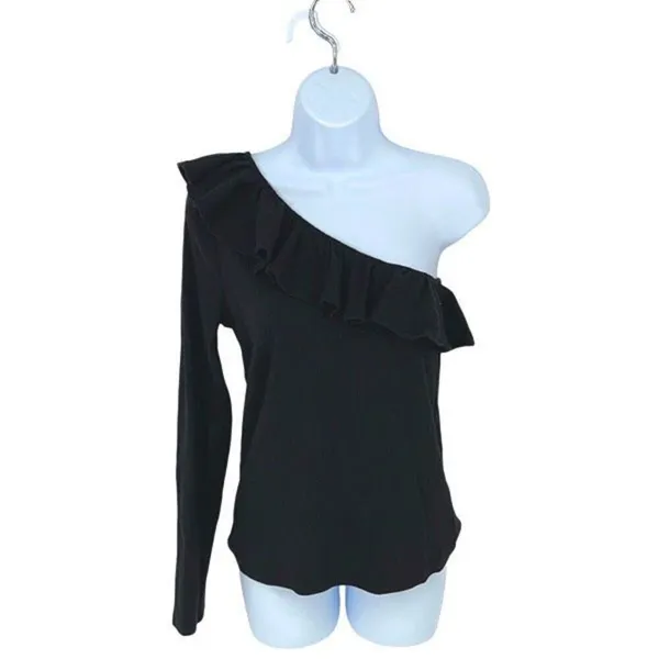 J.Crew Womens Ribbed Ruffled Neck One Shoulder Top Blouse Black‎ Size Medium NWT - Image 3