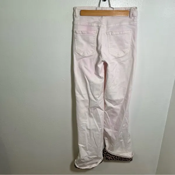 Q2 Premium Denim Womens Sz XS Wide Leg Pants Leopard Print Trim Cream Light Pink - Image 7