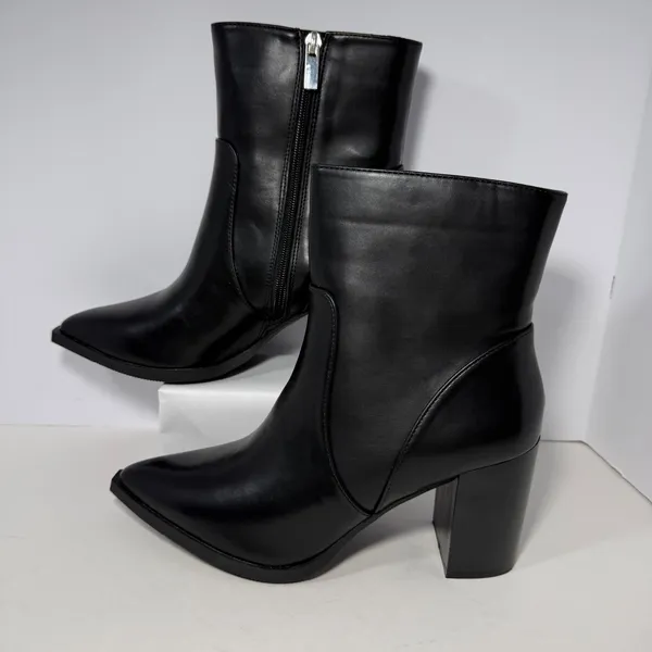 Womens Black Faux Leather Pointed Toe Block Heel‎ Ankle Boots Sz 9 Zipper Bootie - Image 3