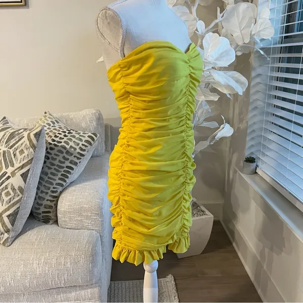 For Love And Lemons Strapless Ruched Yellow Mini Dress - Image 3